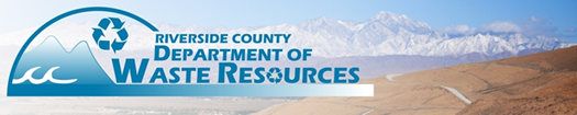 Logo of Riverside County Department of Waste Resources, featuring mountains, waves, and a recycling symbol against a scenic background.